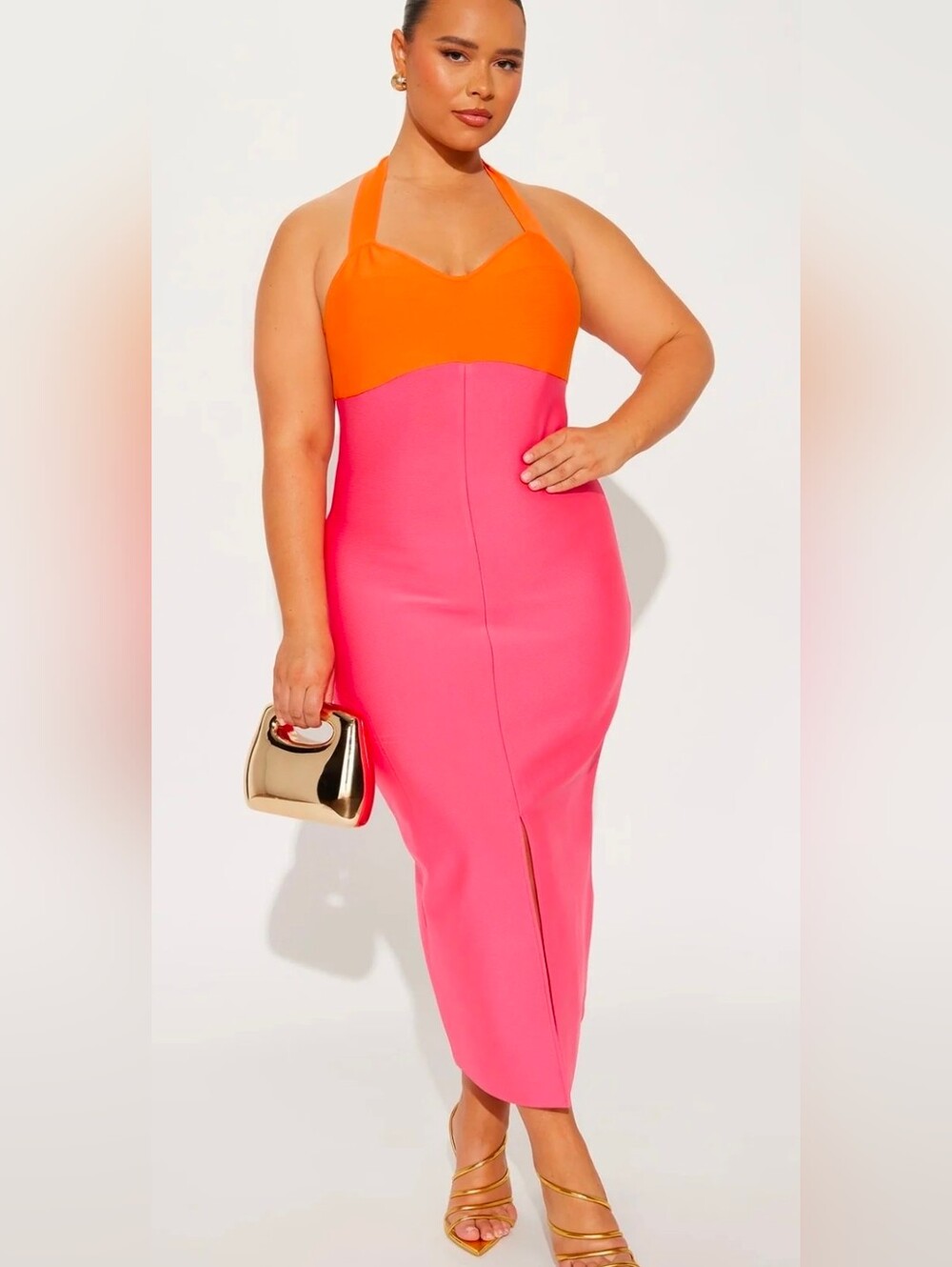 Colorblock Halter Midi Dress in Orange & Hot Pink Sz 1x